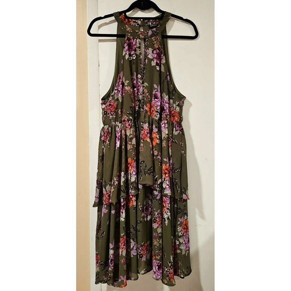Torrid Dress Size 0 Floral Chiffon Ruffled High Neck Olive Green Layered Sexy - Picture 2 of 9